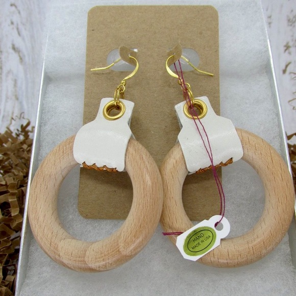 Genuine Leather and Wood Circle Earrings - Picture 2 of 3